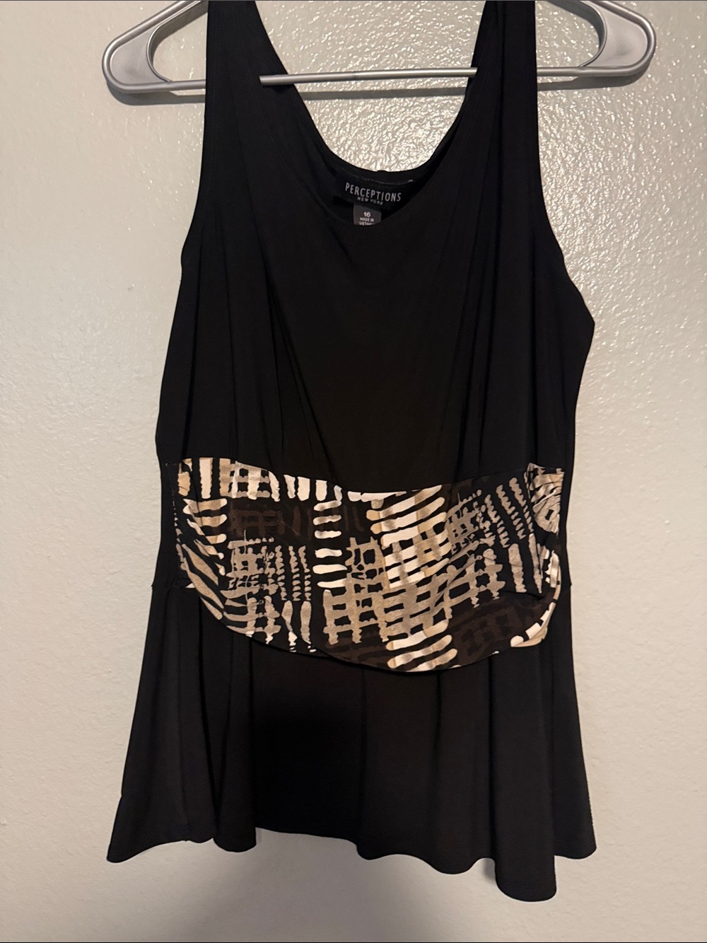Perceptions Black Tank with Cream and Tan Patterned Waist Panel Size 16